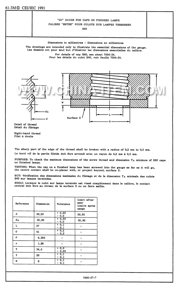 IEC60061 7006-27-7 E40 Go Gauge for Caps on Finished Lamps