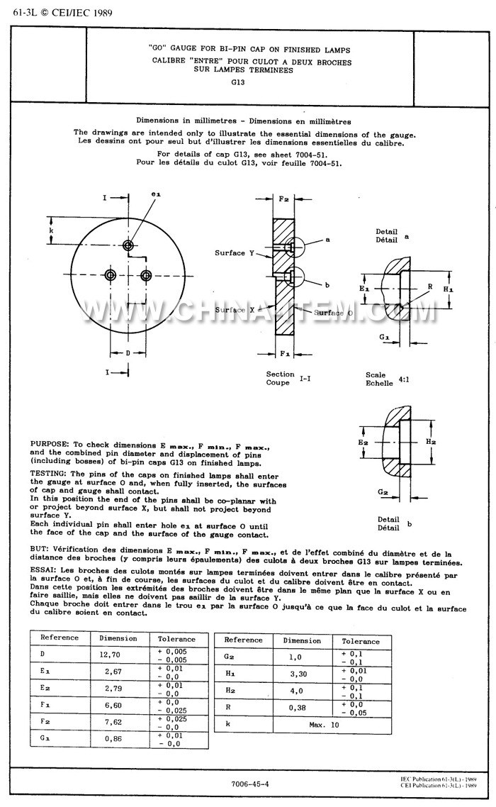 IEC60061-3 7006-45-4 G13 Go Gauge for Bi-Pin Cap on Finished Lamp