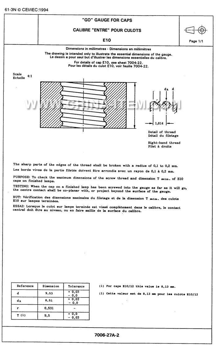 IEC/EN 60061-3 7006-27A-2 E10 "GO" Gauge for Caps, EN/IEC60061 E10 Go Gauge of 7006-27A-2