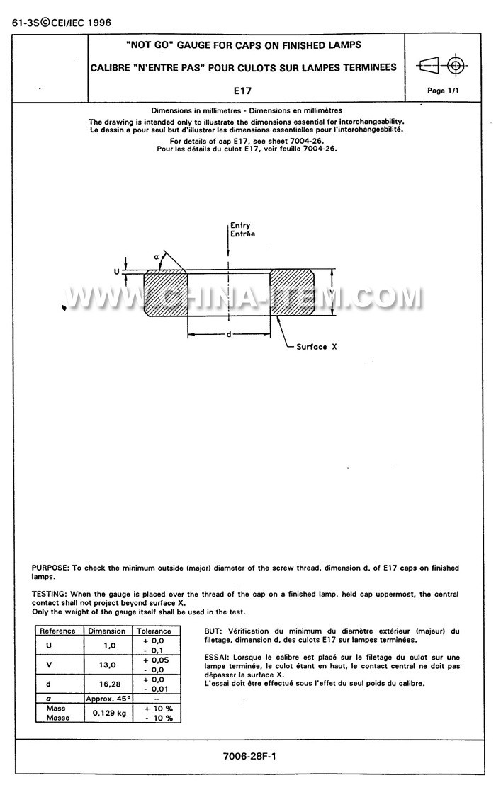 IEC60061-3 7006-28F-1 E17 No Go Gauge for Caps on Finished Lamps